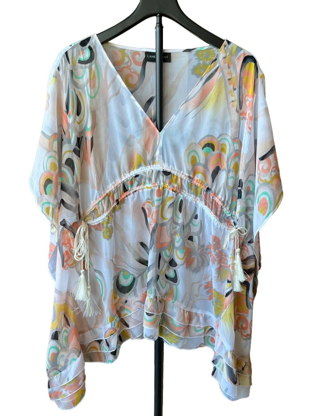 Lane Bryant 14/16 Sheer Boho Tassel Tie Poncho Blouse